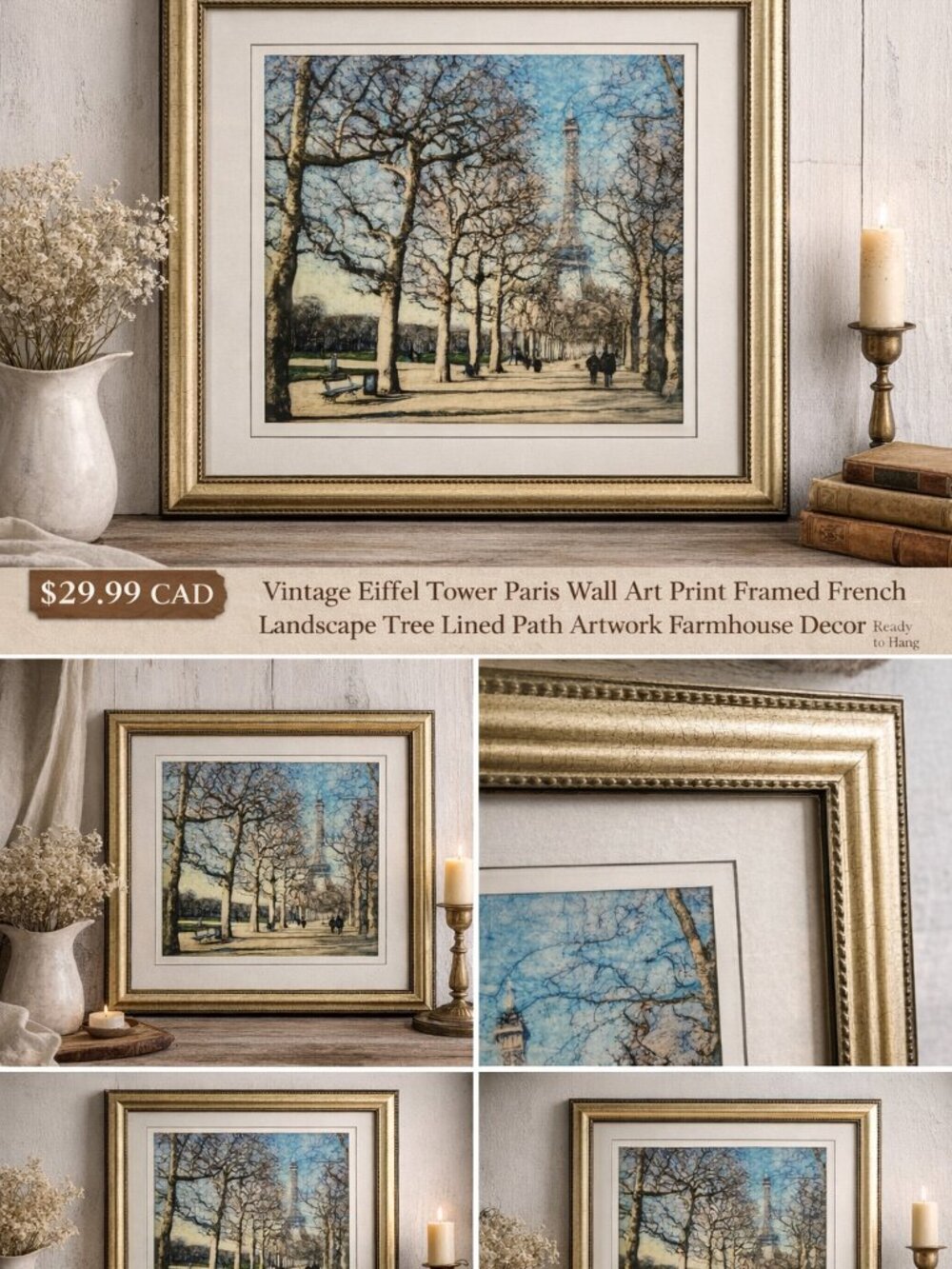 PA-03-Vintage Eiffel Tower Paris Wall Art Print Framed French Landscape Tree Lin